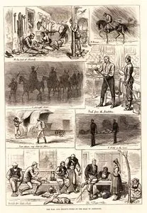 1876-1877 Osmanlı-Sırp Savaşı Sırasında Aleksinaç'dan Çeşitli Çizimler-Aleksinaç'da Bir Hanın Avlusu, Aleksinaç Yolunda Bir Atlı Süvari, Süvariler, Bilenmiş Kılıç, Gazetecinin Yattığı Yer, 
Yaralı Taşıyanlar, Gecikmiş Yemek, Köy Arzuhalcisi