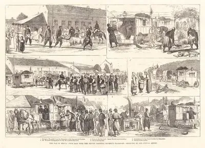 1876-1877 Osmanlı-Sırp Savaşı Sırasında İngiliz Ulusal Cemiyeti'nin Taşınması-1.Paratjin'de Yaralıların Taşınması İçin Hastahaneden Han Avlusuna Getirilmesi 2.Baron Mundy'nin Hastalerın Getirilişini Kontrol Etmesi 3.Paratjin'den Semendria'ya Giden Ambulanslar 4..Mr.Kennett'in Hastalar İçin Yoldan Üzüm Alması 5.Oratchia'da Akşam Yemeği 6. Semendria'ya Varış