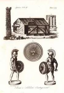 Kartaca'lı Askerler Ve Silahları- 1.2.Kartacalı Asker Kıyafeti 3.Kartacalı Komutan Hannibal'ın Arması 4.İçinde Koç Başı Bulunan 
Seyyar Savaş Makinesi, Afrika Cilt II. Resim 59.