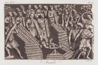 Roma’da Traianus(Trajan) Sütununda Tasvir Edilen Bir kuşatma Sırasında Lorica Zırhlı, Kalkanlı, Mızraklı ve Galea Miğferli Romalı Lejyonerler (Trajan Sütunu), Avrupa Cilt V. Resim 20.
