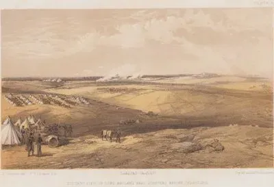1853-1856 Osmanlı-Rus Savaşı (Kırım Savaşı) Sırasında Sivastopol Kuşatması Öncesi İngiliz Kuvvetlerinin Komutanı Lord Raglan'ın Karargahının Uzaktan Görünümü (Plate 9)