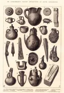 Londra South Kensington'a Getirilen Ve Heinrich Schliemann Tarfından Bulunan Troya(Truva) Antik Eserleri-1.2.3.Üzerine Kutsal Amblemler Çizilmiş Halkalar...  4.Altın Süs Esyalerın Konduğu Gümüş Testi 5.Üzerinde Yazıtlar Bulunan Bileme Taşı 6.7.Hayvanların Pişmiş Toprak Figürleri 8.-11.Delikli Çömlekler 12.Toprak Sürahi 13.Minerva(Akıl Tanrıçası) Vazosu 14.Bronz Balta 15.Bronz Kama 16.Bronz Balta 17.Bronz Mızrak 18.Çiftli Toprak Sürahi 19.Üç Ağızlı Toprak Kap 20.Bakır Kalkan 21.22.İki Ağızlı Toprak Sürahi 23. İki Taraftan Tutmalı Toprak Vazo 24.Kapaklı Toprak Vazo 25.Bronz Silah Yapımında Kullanılan Kalıp
