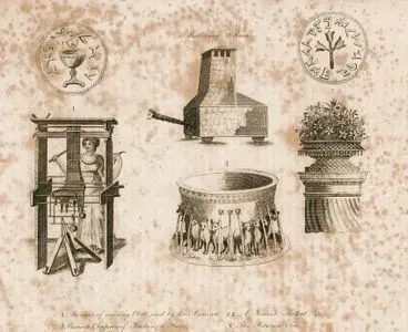 1.Antik Kumaş Tezgahı 2.Yahudi Sikkesi 3.Kudüs'te Süleyman Tapınağında Bulunan Boaz ve Jachin Sütunu 4.Kudüs'te Süleyman 
Tapınağında Bulunan Din Adamlarının Abdest Almaları İçin Kullanılan Tunç Havuz-İçinde Koç Başı Bulunan Seyyar Savaş Makinesi