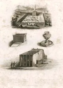 1.Çöldeki Çadır Tapınak (Mişkan), Exodus (Mısır'dan Çıkış) XXVI.XXVII.- 2.Adakların Yakıldığı Sunak, Exodus (Mısır'dan Çıkış) XXVII.1.8.- 3.Çadır Tapınağı (Mişkan) Ait Pirinç Su Kabı, Exodus (Mısır'dan Çıkış) XXX.18- 4.Üstü Açılmış Çadır Tapnak (Mişkan), Exodus (Mısır'dan Çıkış) XXVII. A.Kutsal Alan B.Çok Kutsal Alan