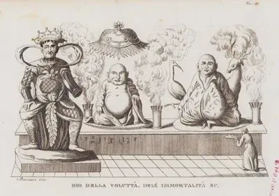 Çin Tanrılarının Heykelleri: Kin-gan veya Chin-hoan (Koruma Tanrısı), Ni-ni-fo veya Fo-tek (Şehvet Tanrısı) ve Geyik ve Turna ile Ölümsüzlük Tanrısı, Resim 31.