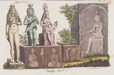 Mısır Tanrıçası İsis'in Farklı Biçimlerdeki Heykelleri, İsis ve Oğlu Horus ile İnek Başlı İsis..., Afrika Cilt I Resim 18.
