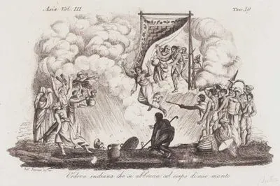 Hintli Dul Kadının Ölen Kocasının Cenaze Ateşinin İçine Atlıyarak (Veya Atılarak) Kendisini Yakması (Sati veya Suttee), Asya Cilt III. Resim 30.