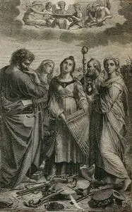 Müziğin ve Müzisyenlerin Koruyucusu Azize Cecilia ile Birlikte Havari Aziz Paul, Evangelist Aziz John (Yuhanna), Aziz Augustine ve Mary Magdalene'nin Meleklerden Oluşan Bir Korodan Cennetin Müziğini Dinlemeleri