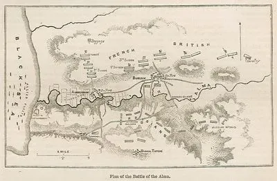 Kırım Savaşı sırasında Gerçekleşen 20 Eylül 1854 Tarihindeki Alma Savaşının Haritası