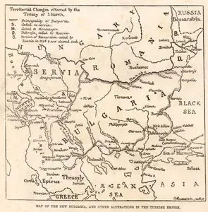 1877-1878 Osmanlı-Rus Savaşından (93 Harbi) sonra 03 Mart 1878 Tarihinde İmzalanan Ayastefanos Antlaşmasından Sonra Oluşan Yeni Bulgaristan ve Diğer Balkan Ülkeleri Haritası