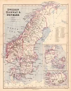 İsveç, Norveç ve Danimarka Haritası - İzlanda (Aynı Ölçekte) ve Danirmarka (Genişletilmiş Ölçekte)