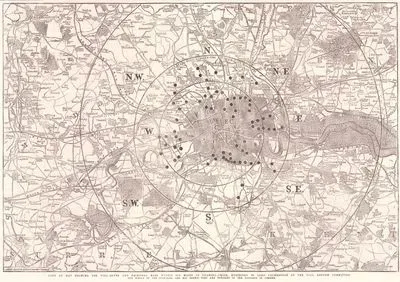 Londra Charing Cross’tan Altı Mil İçindeki Yol Geçiş Kapıları ve Ana Bariyerleri Gösteren Harita