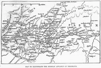 1877-1878 Osmanlı-Rus Savaşı (93 Harbi) Sırasında Rus Ordusunun Erzurum'da İlerleyişini Gösteren Harita