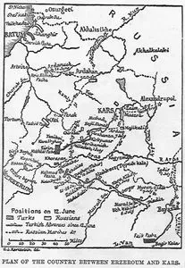 1877-1878 Osmanlı-Rus Savaşı (93 Harbi)  Sırasında Kars İle Erzurum Arasında Rus ve Türk Kuvvetlerinin Yerini Gösteren Harita