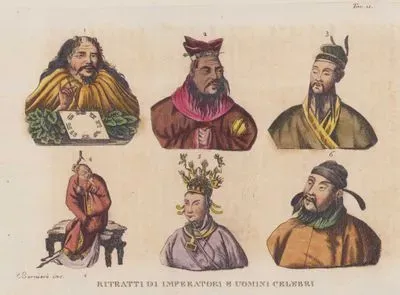Çinli İmparatorların ve Ünlü Adamların Portreleri, Çin'in İlk Hükümdar ve Bütün İnsanların Tanrısı (Çin Mitolojisinre Göre) Fu-xi (1), Filozof Konfüçyüs (M.Ö. 551- M.Ö. 479) (2), Qin Hanedanlığı Kurucusu Kitap Yaktıranı İmparator Qin Shi Huang (M.Ö.259-M.Ö.210) (3), Yazar Fo-chen (4), Çin Tarihinin Tek Kadın İmparatoru Wu Zetian (624-705) (5) ve Tang Hanedanının Kurucusu İmparator Taizong (598-649) (6), Resim 11.