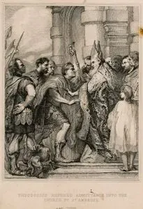 Roma imparatoru I. Theodosius'un Selanik Katliamı Nedeniyle Başpiskopos St. Ambrose Tarafından Milano Katedraline Girişinin Egellenmesi