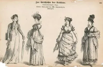 19. Yüzyılın Başlarında Empire Stil Kıyafetler- Kısa Ceketli (Spencer) Leydiler- 1805 Yılında Balo Elbisesi(Ball Gown) Giymiş Leydi ve Yüksek Sapkalı Leydi