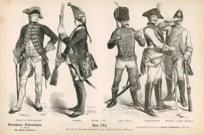 18.Yüzyılın İkinci Yarısında (1750-1799)- 1760 Tarihinde Prusyanın Muhafız Alayının Subayı ve El Bombası Atacak Askeri- 1760 Tarihinde Prusyanın Süvari Subayı,
 Zırhlı Süvari ve El Bombacı Asker