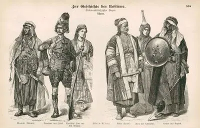 Asya-Lübnan'dan Marunili Erkek, Zeybek ve Lübnan'dan Hristiyan Kadın Kıyafeti- Suriye Belka'dan Bir Erkek, Şam'dan Bir Kadın ve Bağdat'tan Bir Arabın Kıyafeti