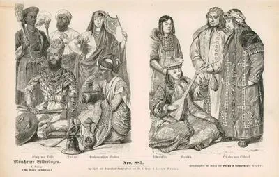 Asya- Hindistan'da Delhi Kralı ve Brahmanların Kıyafetleri- Çukçi Halkından Bir Kadın(Çukotka), Buryat Halkından Bir Kadın(Buryatya) ve Ostyaklardan (Hantılar) Kadın ve Erkek Kıyafetleri
