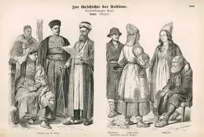 19.Yüzyılda Rus Halk Kıyafetleri- Kırım Tatarlarının Kıyafetleri- Mordvin Halkından Erkek, Çirmiş Halkından Kadın ve Estonyalılar