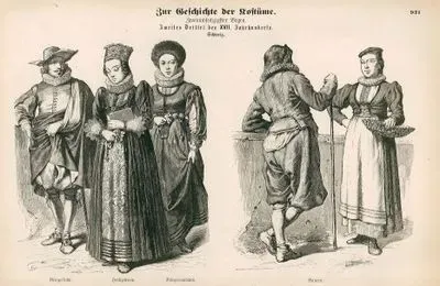 17.Yüzyılın İkinci Döneminde (1634-1666) İsviçre- Şehirli Genç Kadın Erkek ve Gelinin Kıyafetleri- Köylülerin Kıyafetleri