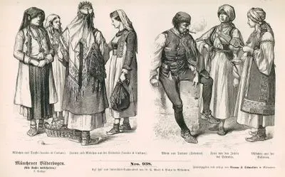 Dalmaçya(Hırvatistan)- Boka Kotorska Körfezi Sahillerinde Yaşayan Kadın ve Kızların Kıyafetleri- Sibenik Yakınlarındaki Tartaro Yaşayan Erkeklerin ve Sibenik Açıklarındaki Adalarda Yaşayan Kızların Kıyafeti