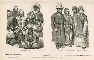 19.Yüzyılda Rusya'nın Asya Bölümü- Amur Oblastı(Rus Oblastı) Göçebelerinin Kıyafetleri- Başkırlar veya Başkurlar, Rus Bozkır İnsanları ve Kazandan Tatar Kadının Kıyafetleri