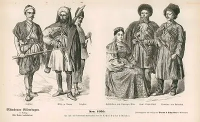 19. Yüzyılda Kafkasya- Tuschine, Anapa'dan Milis Asker ve Lezgili Erkek Savaşcı- Karadeniz Kıylarında Kazak Kadın, Kafkasya Ordusundan Kazak Asker ve  Kabardeyli Erkek