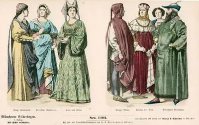 14.Yüzyılın İkinci Yarısında(1350-1399) İtalya- İtalyan Kız, Soylu Kadın ve Siena'lı Kadın Kıyafetleri- Genç Kadın, Roma'lı Senatör ve Venedikli Soylu Erkek Kıyafeti