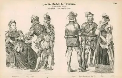 16.Yüzyılda Almanya- 1565 ile 1570 Yılları Arası Soylu Kadın Kıyafeti- 1560 Yılında Süvari, V.Karl'ın Ordusundan Süvari General Üniformaları ve Leydi Kıyafeti