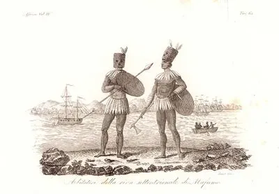 Mozambik'de Delagoa (Mapoto) Körfezinde Yaşayan Yerlilerin Savaş Kıyafeti, Afrika Cilt III. Resim 61.