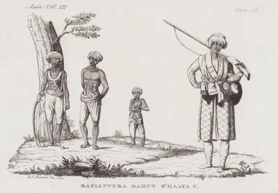 XVIII. Yüzyılda Hintli Brahmin Rajput Savaşçıları (Solda), Rahut (Rawat) Savaşçısı (Arkada) ve Bahelia (B'Halya) Askeri (Sağda), Asya Cilt III. Resim 16.