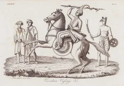 XVIII. Yüzyılda Myanmar (Burma) Kraliyet Süvarisi, Kılıcı ve Kalkanı nİle Myanmar'lı Köylü, Kayan Kabilesinden İnsanlar, Asya Cilt IV. Resim 70.