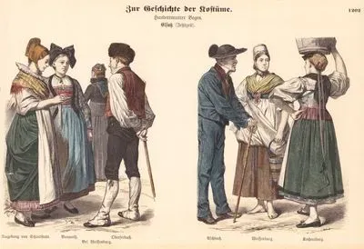 19.Yüzyılın Sonunda Alsace Bölgesinde Yaşayan Almanların Kıyafetleri- Selestat Komününden Bir Kadın, Brumath Komününden Bir Kadın, Wissembourg 'da Bir Kadın ve Seebach Komününden Bir Erkek-Aschbach'dan Bir Erkek, Weissenburg ve Kochersberg'den Kadınlar