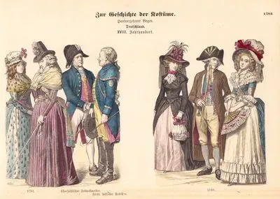 18.Yüzyılda Almanların Kıyafetleri-1793 Yılından İki Alman Kadının Kıyafetleri, Saxon Ordusu Postahane Yöneticisi, Hessian Süvari Subayı-1788 Yılında Alman Erkek ve Kadınların Kıyafetleri