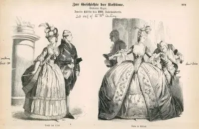 18.Yüzyılın İkinci Yarısı (1750-1799)- 1780'lerde Kadın Ve Erkek Yürüyüş (Dışarı) Kıyafeti-Saray Kıyafetleri (Çemberli Kabarık Etekli Kadın)