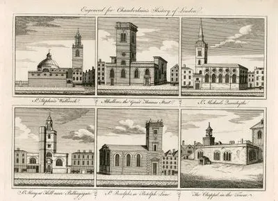 Londra Kiliseleri-St.Stephen's Walbrook-Alhallons The Great Thames Street-St.Micheals Lueenhythe-St.Mary Kilisesi-Botolph Caddesinde St.Botolph  
 Lane-Londra Kulesinde Bir Şapel