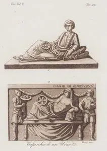 Etrüsk Kraliyet Çömleklerindeki Figürler, 1.1721 Yılında Chiasi Yakınlarında Bulunan Bir Çömleğin Kapağındaki Toga Giymiş ve Çelenkle Taçlandırılmış Bir Adam 2. Perugia'daki Mermer Bir Vazonun Üstünde Bulunan Hizmetkarların Yemek Sunduğu Akşam Ziyafetindeki Adam, Avrupa. Cilt V. Resim 29.