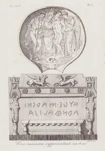 Bir Kraliyet Tahtını Gösteren Antik Etrüsk Mermer Vazosu ve Eris, Miğferli Minerva, Aslan Derili ve Sopalı Herkül ile Thetisin Resmedildiği Etrüsk Aynası, Avrupa. Cilt V. Resim 4.