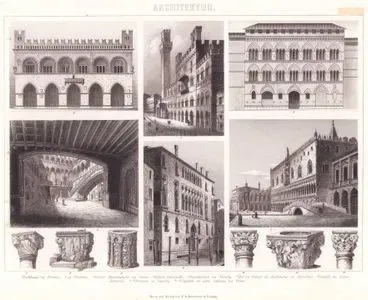 Mimari (İtalyan Sarayları ve Belediye Binaları) 1. Floransa Belediye Sarayı 2. Piacenza Belediye Binası 3. Siena’daki Buonsignori Sarayı 4. Giovanelli Sarayı 5. Venedik’teki Dükler Sarayı (Palazzo Ducale) 6. Barselona’daki Audiencia Sarayı’nın Avlusu 7. Bernardo Sarayı’ndan Sütun Başlığı 8.-10. Venedik’teki çeşmeler 11.-12. Trento’daki Eski Kaleden Sütun Başlıkları