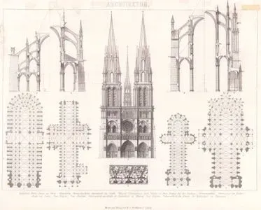 Mimari (Fransız Gotik Katedralleri I) Paris’teki Notre-Dame Katedrali 1. Plan 2. Nef’in Orijinal Enine Kesiti 3.Cephe (Viollet-le-Duc’ün Genişletme Projesine Göre Kule Uçları ile) 4. Süs Frizi 5. Laon katedralinin Planı 6. Noyon Katedralinin Planı 7. Chartres Katedralinin Planı 8. Reims Katedralinin Nef Kesiti 9. Amiens Katedralinin Nef Kesiti 10. Beauvais Katedralinin Apsis Kesiti