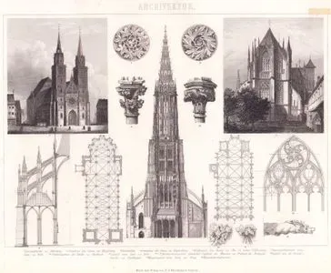 Mimari (Almanya’daki Gotik Katedraller) 1. Nürnberg’deki St.Lorenz Kilisesi 2. Magdeburg Katedrali’nin Planı 3. Koro Bölümü Görünümü 4.Regensburg Katedrali’nin Planı 
5. Ulm Katedrali’nin Tamamlanmış Batı Cephesi 6. Köln Katedrali’nin Enine Kesiti 7.-8. Gladbach’taki Kiliseden Kilit Taşları (Başlık Taşları) 9. Köln Katedrali’nden Bir Sütun Başlığı 10.-11. Freiburg im Breisgau’daki Minster’de Çiçek Buketine Benzer Tarzda Sütun Başlıkları 12. Esslingen’deki Frauenkirche’den Sütun Başlığı 13. Prag Katedrali’nden Bir Gargoyle (Su Oluğu Heykeli) 14. Gotik Örgü / Masverk Konstrüksiyonları