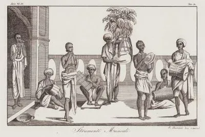 Çan ve Deniz Kabuğu (Sankh ve ghanta), Bansi flüt, Surmandal, Dholak Davulu, Kartal Zili, Dhak Davulu ve Jagajhampa Perküsyonu Müzik Aletleri Çalan Hintli Müzisyenler, Asya Cilt III. Resim 50.