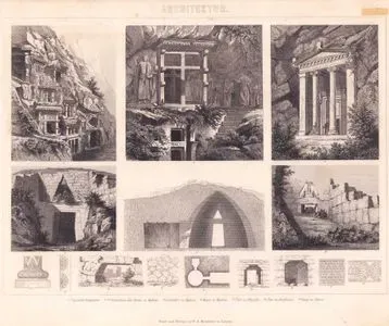 1.,2. Myra Antik Kenti'nde (bugünkü Demre, Antalya) Bulunan Likya Kaya Mezarları, 3. Amintas Kaya Mezarı, Fethiye 4-10. Miken'deki Tholos Mezarı (Atreus Hazinesi) Girişi ve İç Mimarisi  11. Miken'deki Aslanlı Kapı, 12. Miken'deki Sur Duvarı, 13. Figalia’daki Kapı, 14. Amfissa’daki Kapı, 15. Sisam’daki Giriş Kapısı