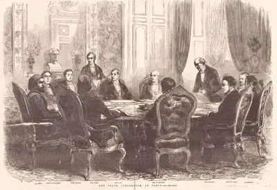 1853-1856 Osmanlı-Rus Savaşının (Kırım Savaşı) Sona Erdirilmesi İçin Yapılan ve 30 Mart 1856 Tarihinde Bir Antlaşma ile Sonuçlanan Paris Barış Konferansı Görüşmeleri-Masada Bulunan Diplomatlar, Sadrazam Ali Paşa, Fransa Dışişleri Bakanı Kont Welewski ve Baron de Bourgueney, İngiltere'den Lord Clarendon ve Lord Cowley, Avusturya'dan Kont Boul Schavenstein, Rusya'dan Prens Orloff ve Baron Brunnow ve Piemonte'den Kont Cavour