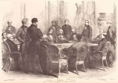 1853-1856 Osmanlı-Rus Savaşının (Kırım Savaşı) Sona Erdirilmesi İçin Yapılacak Barış Antlaşması Öncesi Yapılan Diplomatik Savaş Konseyi Toplantısı, Masada Bulunanlar, Amiral Edmund Lyons, Amiral Hamblin, Amiral R.Dundas, General de La Marmora, General Bosquet, Prens Napoleon, Cambridge Dükü, Fransa İmparatoru, Prens Jerome Bonaparte, General Canrobert ve Harry Jones