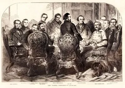 1853-1856 Osmanlı-Rus Savaşı (Kırım Savaşı) Savaşı Sona Erdirilmesi İçin Mart-Haziran 1855 Tarihleri Arasında Gerçekleşen Viyana Konferansı- Masada Bulunanlar, Baron Meysenbug, M.De Titoff, Türkçe Tercümanı M.Von Hammer, Prens Gortschakoff, Viyana Büyükelçisi Arif Efendi, Westmoreland Kontu, Rıza Bey,Lord John Russell, Baron Prokesch Osten, Kont Buol ve Drouyn de Lhuys