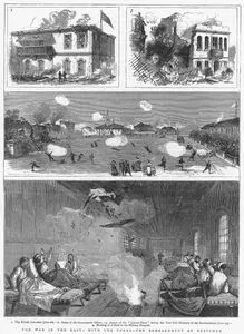 1877-1878 Osmanlı-Rus Savaşı (93 Harbi) Sırasında Rusçuk'un Rus Ordusu Tarafından Bombalanması-1.26 Haziran Tarihinde İngiliz Konsolosluğu, 2.Yıkılan Hükümet Binası, 3.23 Hazirandaki İlk Bombalama
 Sırasında "Grand Palace'nin" Görünümü, 4.Askeri Hastanenin Bombalanması