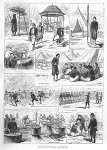 1877-1878 Osmanlı-Rus Savaşı (93 Harbi) Sırasında Rusçuk'da Bulunan Türk Askeri Kampından Çizimler-Bir Nöbetçi, Suların Taşınması, Alay Bayrağının Başında Nöbet Tutulması, Subay Atları, Yağmur Nedeni İle Eğitime Ara Verme, Acemi Erlerin Eğitim, Kamp Mutfağı, Kamp Berberi